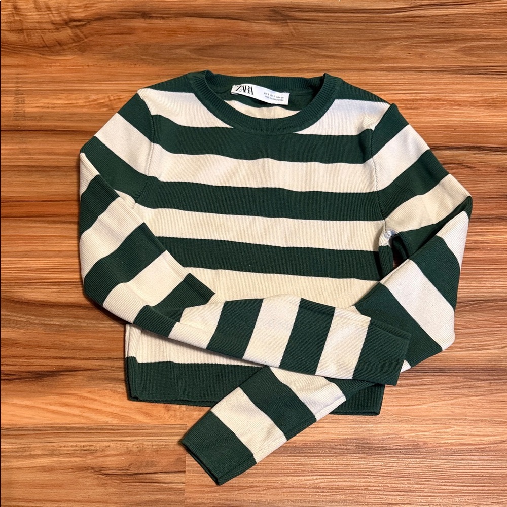 Zara Green and Cream Striped Crew Neck Sweater